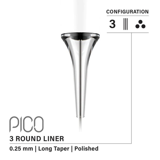 Vertix Pico Round Liner 3本針 / 0.25mm / Long Taper （20Pack）